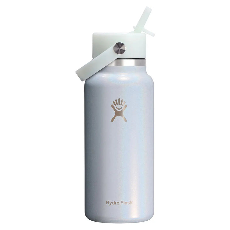 A Hydro Flask insulated water bottle in a pale iridescent blue finish, featuring a white flip-top lid with a carrying loop and a gold Hydro Flask logo on the front.