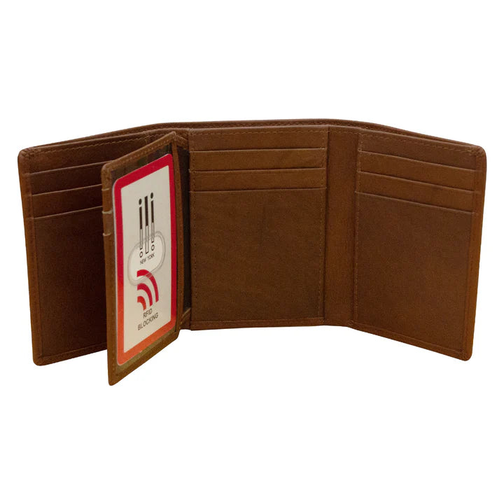 Trifold Wallet With Center Flip ID Pocket | Toffee Distressed Leather