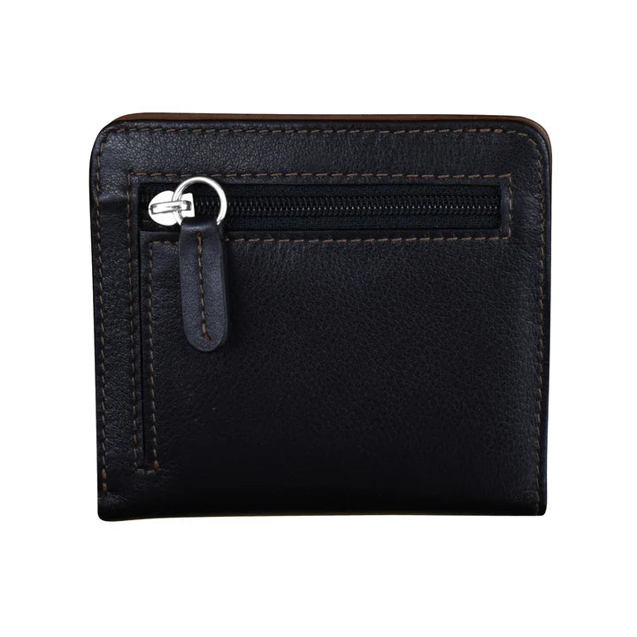 Black leather wallet with a zipper on a white background