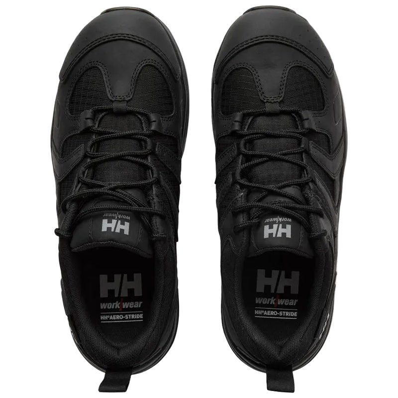 Black work shoes with Helly Hansen logo on a white background