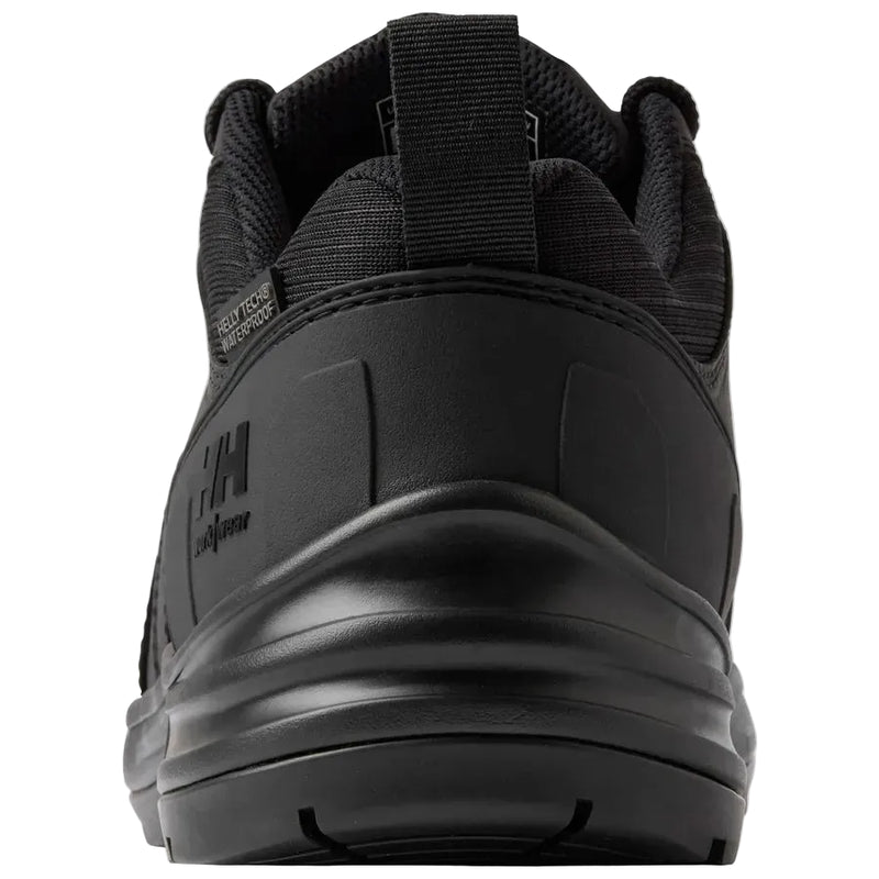 Black hiking boot with brand logo on a white background