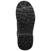Close-up of a black boot sole with tread pattern on a light gray background