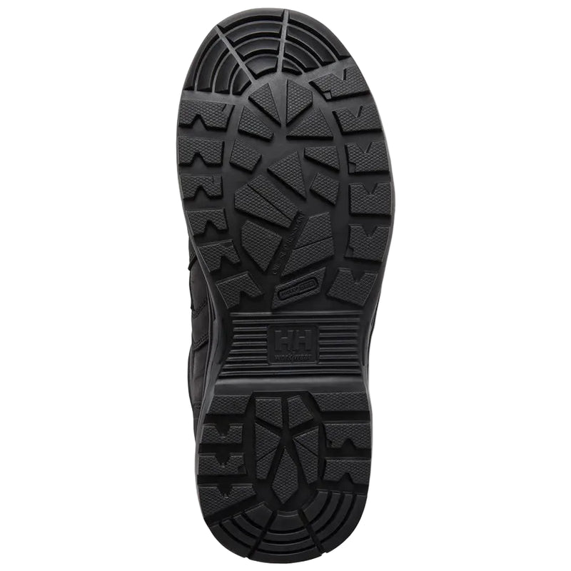 Close-up of a black boot sole with tread pattern on a light gray background