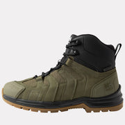 Left side of green and black work boot on a white background