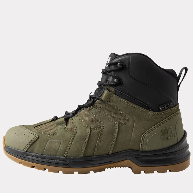 Left side of green and black work boot on a white background