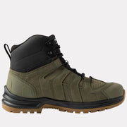 Right side of green and black work boot on a white background