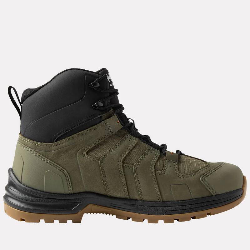 Right side of green and black work boot on a white background