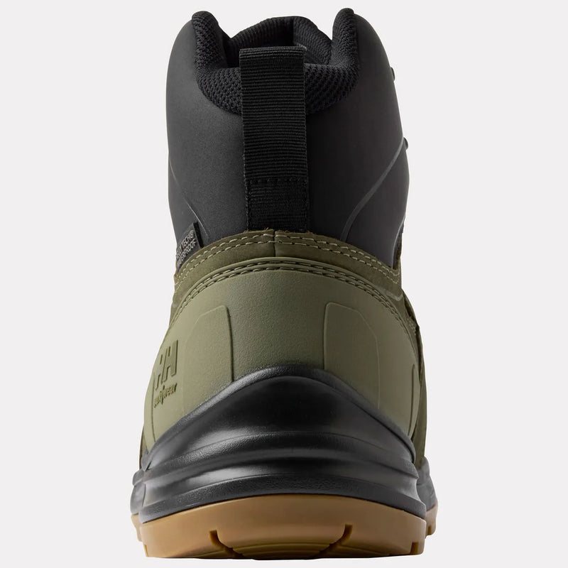 Back of green and black work boot on a white background