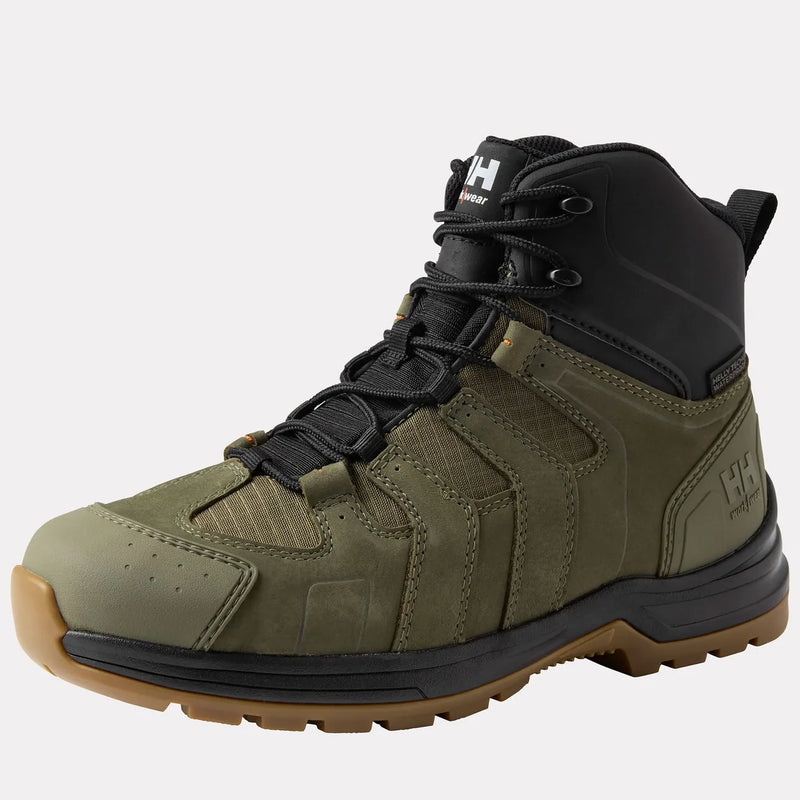 Green and black work boot on a white background