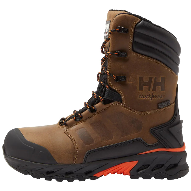 Brown work boot with black and orange sole on a white background