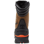 Brown and black boot with orange sole on a white background