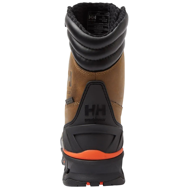Brown and black boot with orange sole on a white background