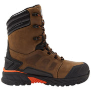 Brown hiking boot with black and orange accents on a white background