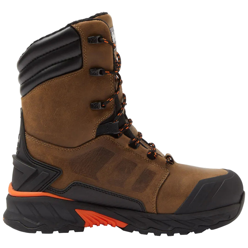 Brown hiking boot with black and orange accents on a white background