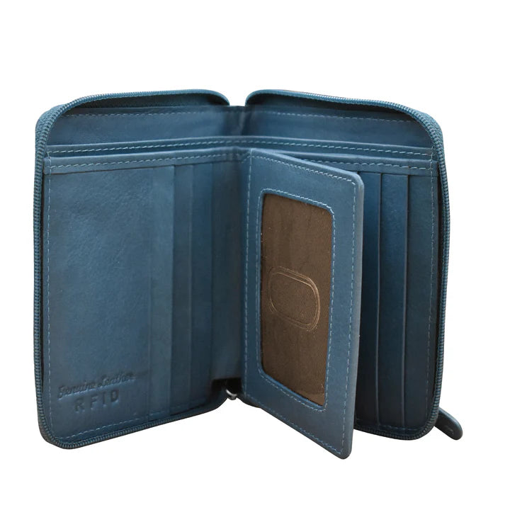 Small Zip Around Wallet | Jeans Blue Distressed Leather