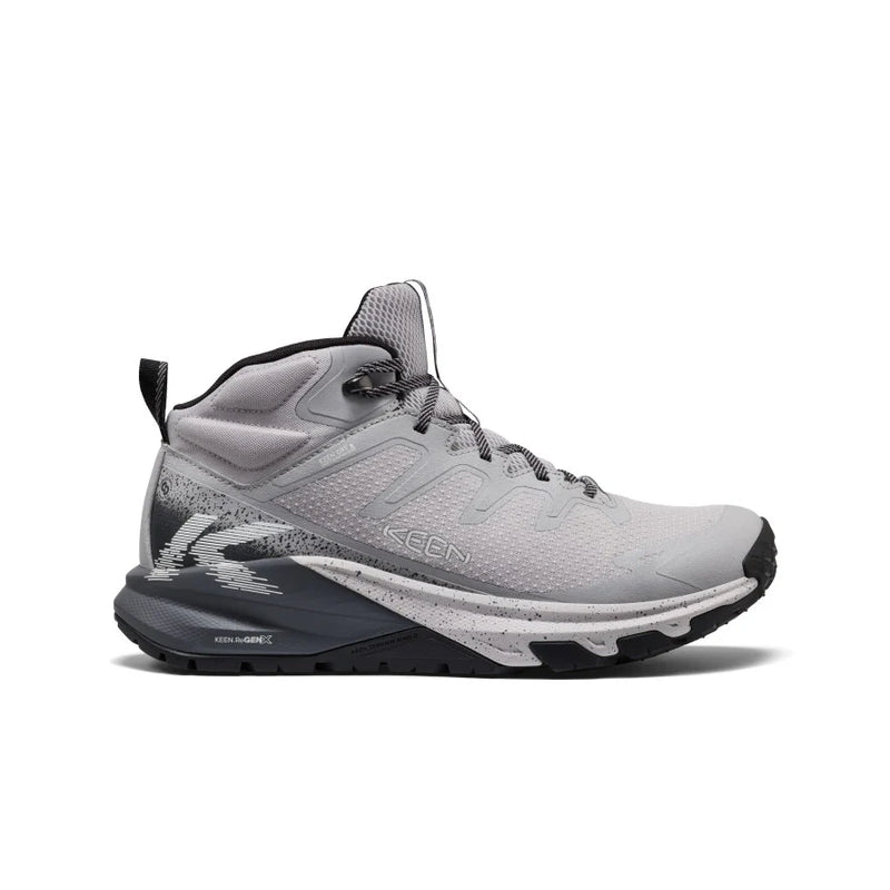 keen Targhee apex in a grey and dark grey color with white ascents on a black sole. 