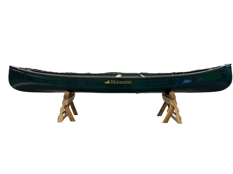 Green canoe with a wooden stand on a white background