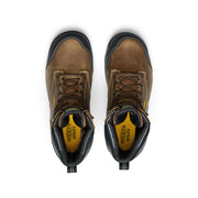 Top view of a pair of brown work boots with yellow accents against a white background. 