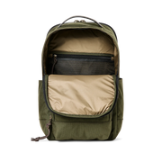 Olive colored backpack opened to reveal a spacious interior against a white background. 