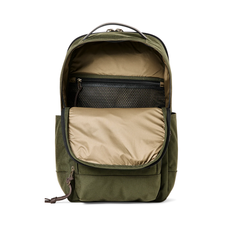 Olive colored backpack opened to reveal a spacious interior against a white background. 