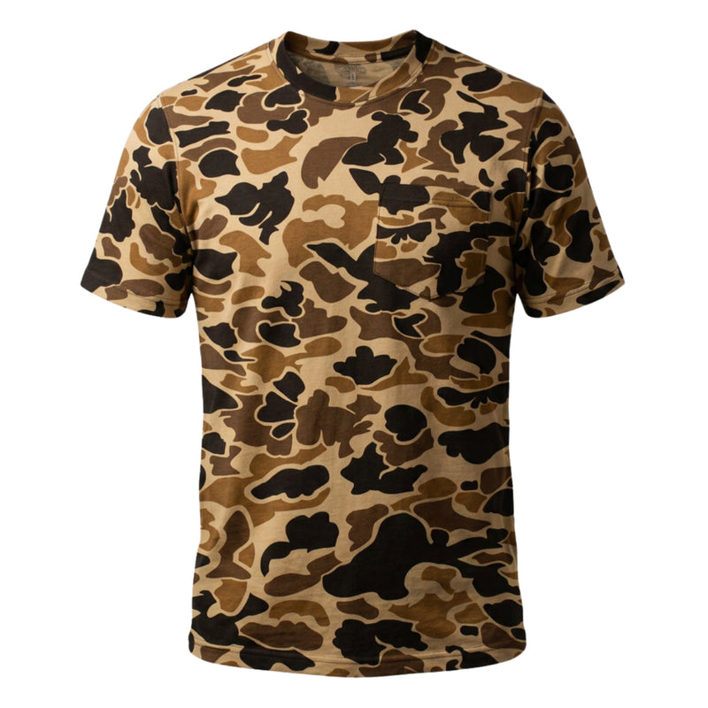 A short-sleeve crewneck t-shirt featuring an all-over camouflage pattern in tan, brown, and black, displayed on a clean white background.