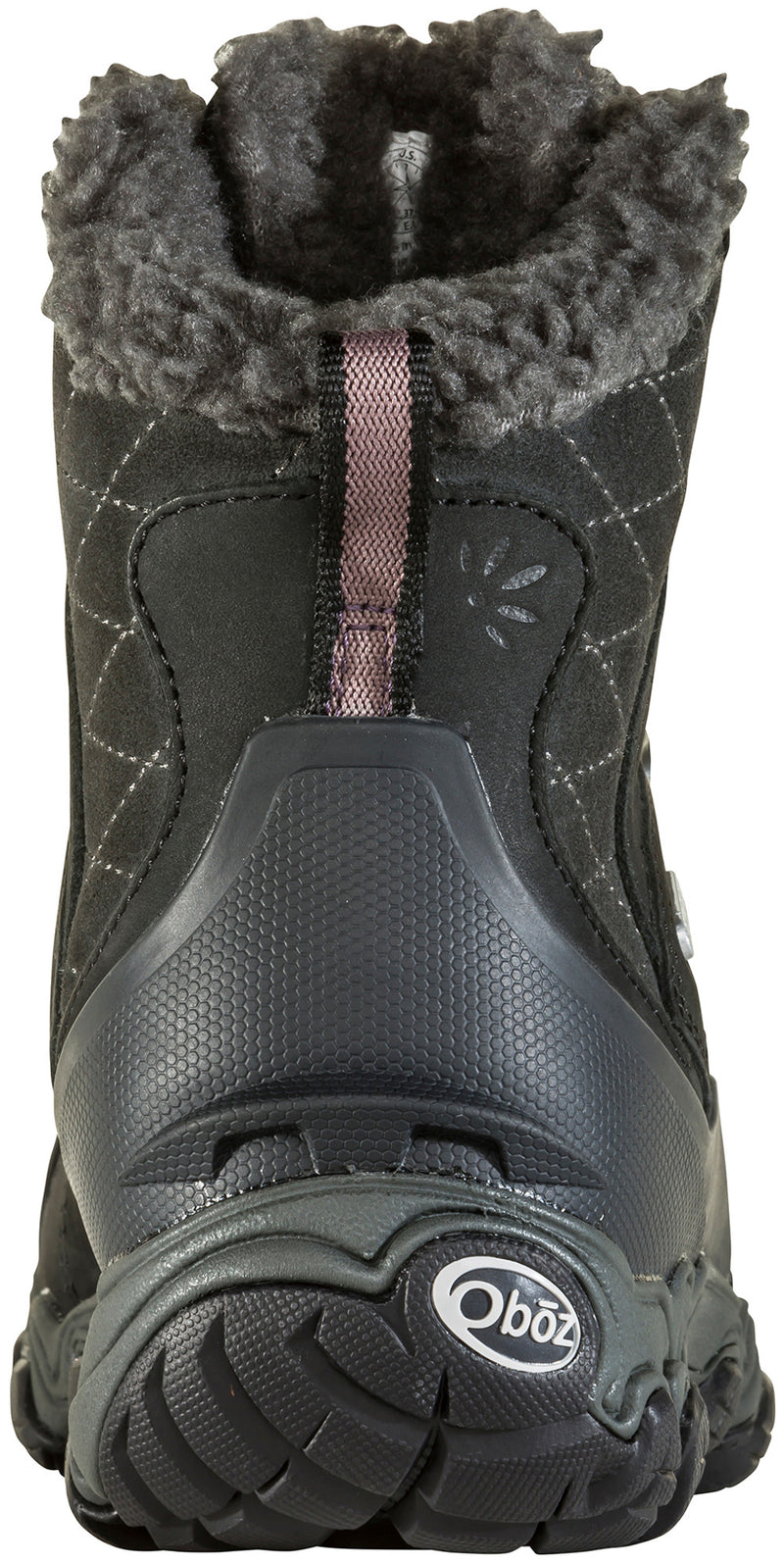 Back view of the spine of a black boot with pink accents against a white background.
