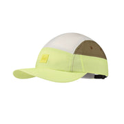 Multicolored cap with a yellow tag on a white background