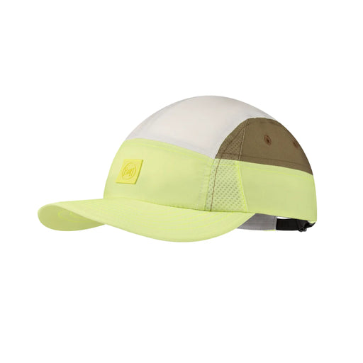 Multicolored cap with a yellow tag on a white background