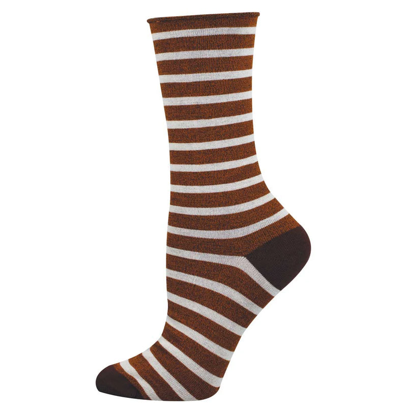 Brown and white striped crew sock on a white background.