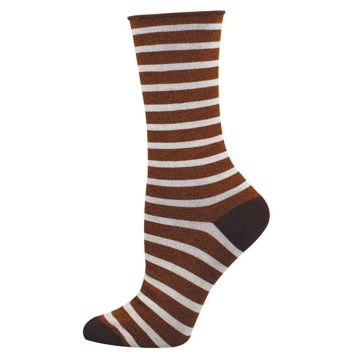 Brown and white striped crew sock on a white background.