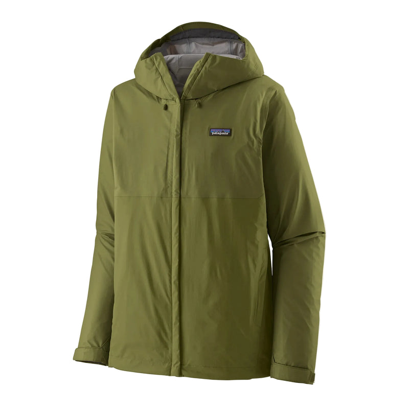 A green rain jacket on a white background