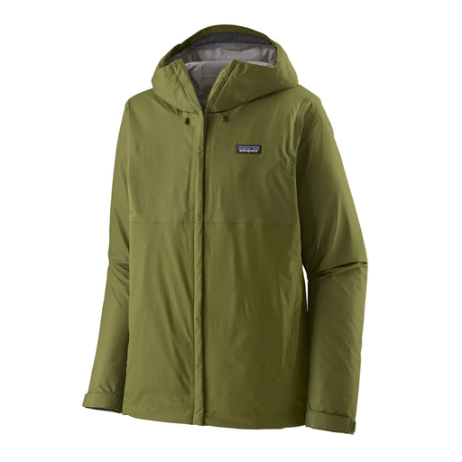 A green rain jacket on a white background