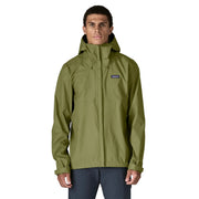 A person from the front wearing a green rain jacket on a white background