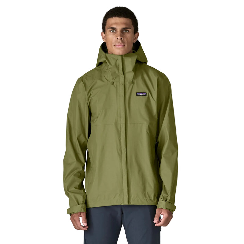 A person from the front wearing a green rain jacket on a white background