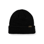 Black beanie with a tan Filson logo against a white background. 