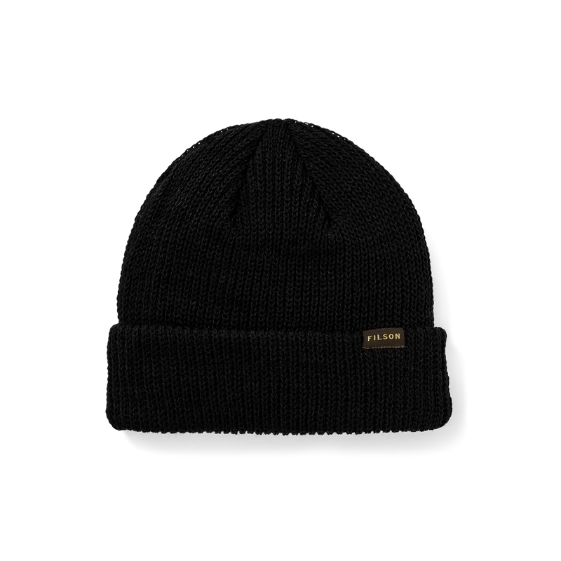 Black beanie with a tan Filson logo against a white background. 