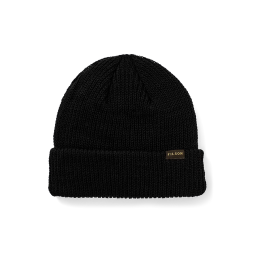 Black beanie with a tan Filson logo against a white background. 