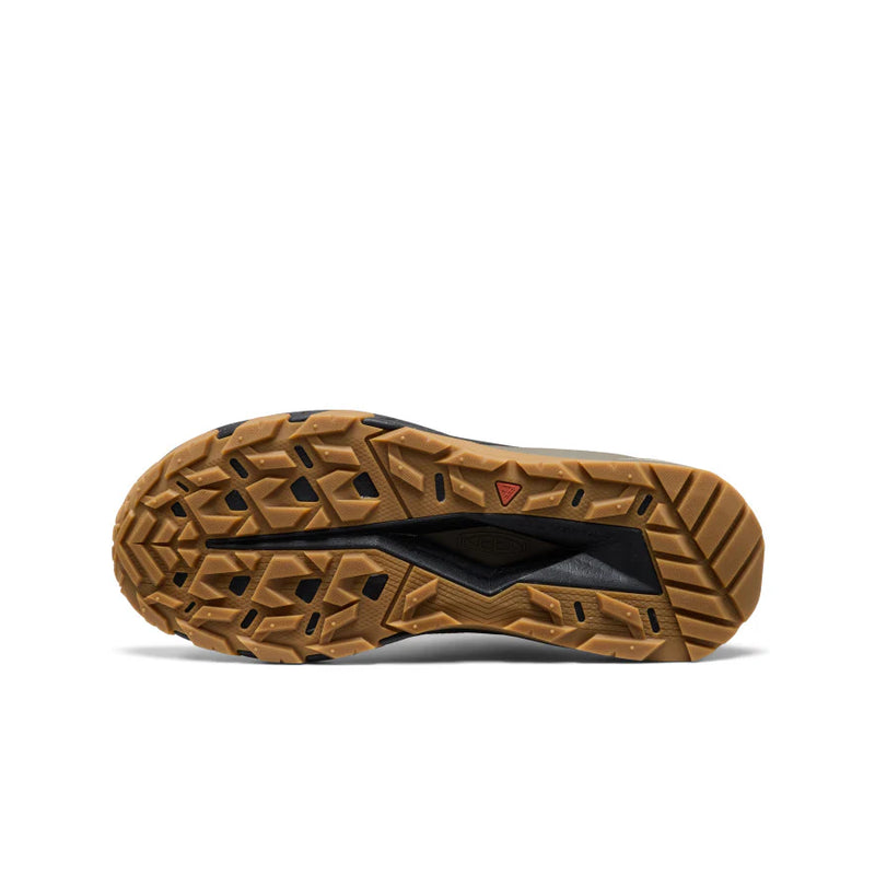 keen Targhee Apex in dusty light brown with darker brown ascents with a black and green sole with brown tread.