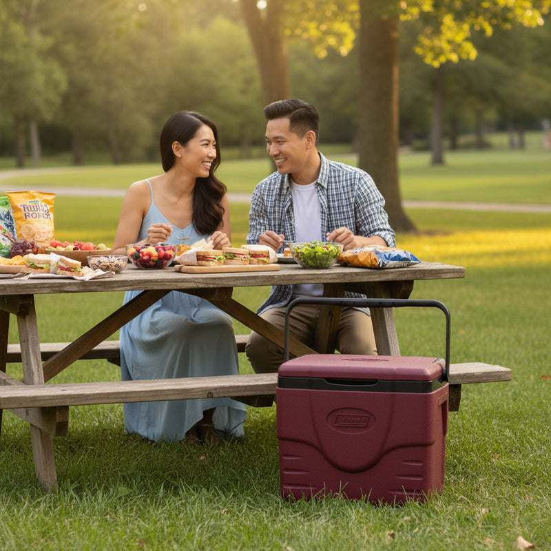 Couple sitting at a picnic table enjoying a meal with a dark red cooler in front of them.