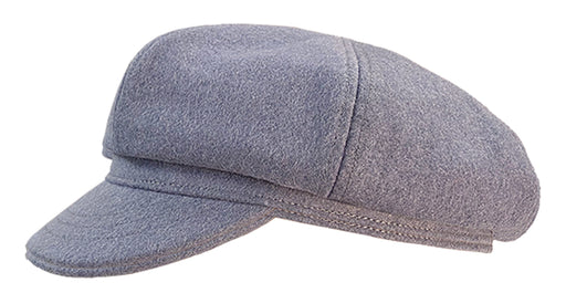 Side view of a gray cabby cap against a white background. 