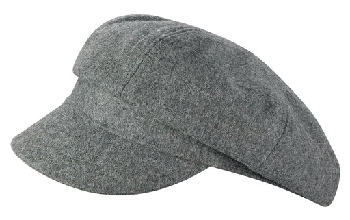 Gray cabby cap against a white background. 