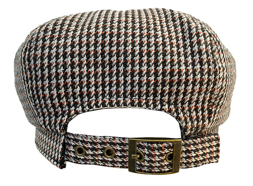 Back view of a black and white houndstooth pattern cabby cap against a white background. 