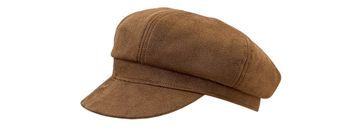 Side view of a light brown cabby cap against a white background. 