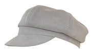 Side view of a light grey cabby cap against a white background. 