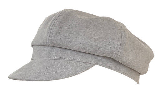 Side view of a light grey cabby cap against a white background. 
