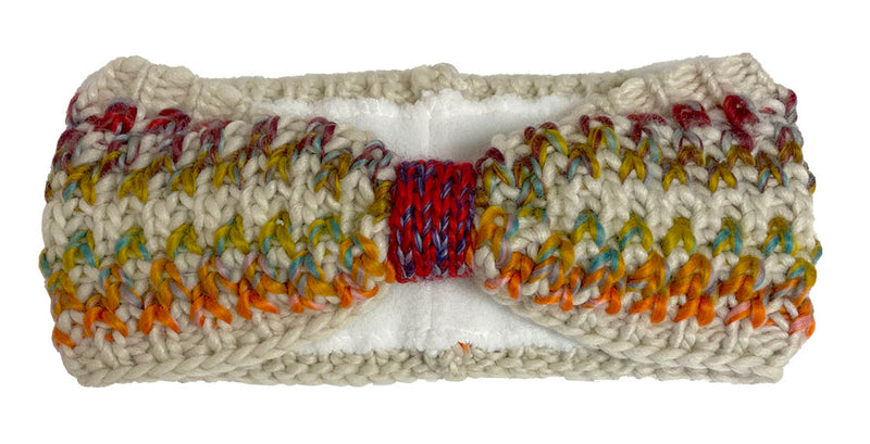 White headband with multi colored accents against a white background. 
