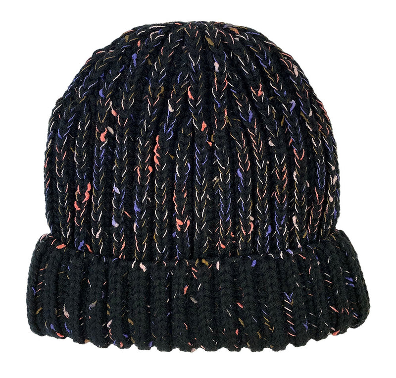 Black knit beanie with colorful accents against a white background. 