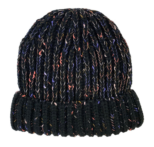 Black knit beanie with colorful accents against a white background. 
