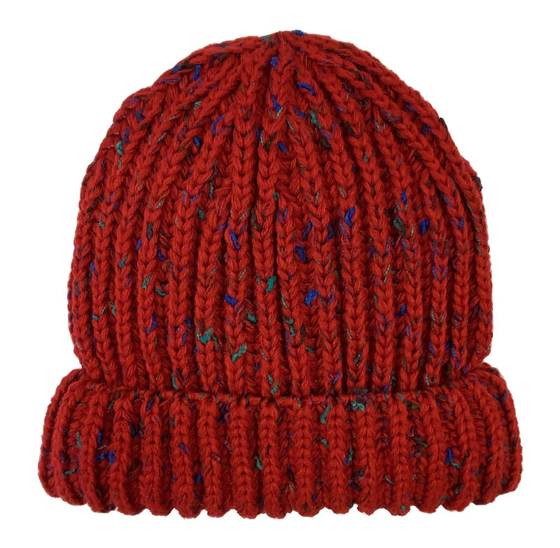 Red knit beanie with blue accents against a white background. 