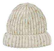 White knit beanie with tan accents against a white background. 
